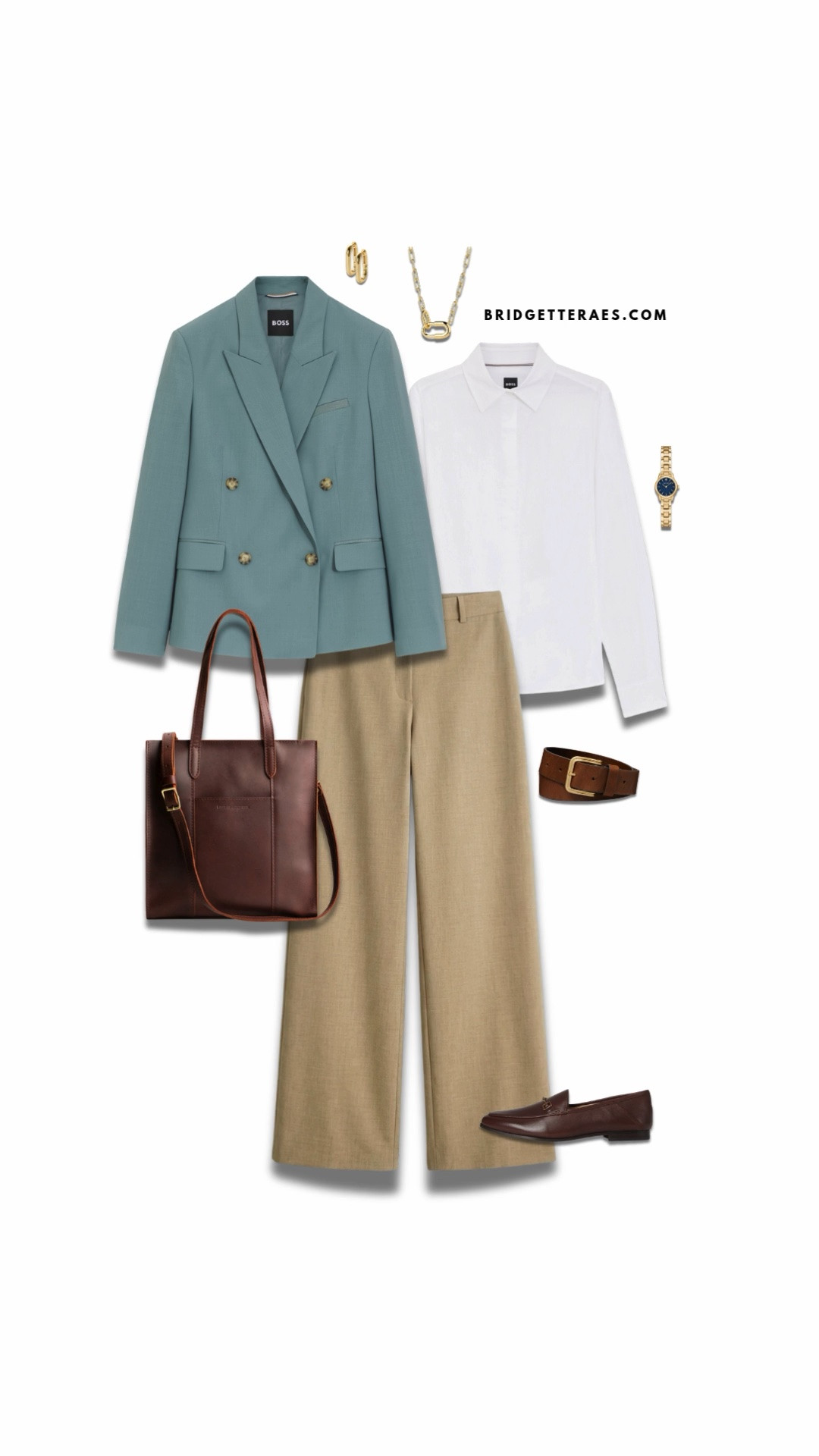 This outfit is a masterclass in modern executive dressing, blending soft color with strong tailoring for a look that feels both approachable and authoritative. The muted sea-glass blue double-breasted blazer instantly becomes the focal point, bringing a fresh alternative to traditional navy while maintaining all the polish of a power piece. Underneath, the crisp white blouse keeps the palette clean and sophisticated, allowing the blazer’s color to shine without competing for attention. The relaxed, wide-leg trousers in a warm sand tone add movement and elegance, creating a balanced silhouette that feels refined yet effortless. Rich cognac leather accessories—from the structured tote and classic belt to the sleek loafers—ground the lighter colors and add timeless warmth, while gold jewelry and a navy-faced watch provide subtle sophistication. Whether you’re presenting in the boardroom, attending a leadership conference, or navigating a full day of meetings, this outfit delivers confidence, professionalism, and impeccable style without feeling overly formal.

#LTKootd #LTKgrwm #LTKWorkwear