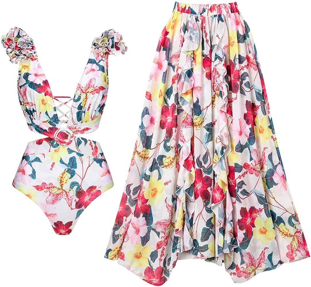 Women's One Piece Swimsuit with Cover Up Skirt Bikini Sarong Set Floral Print Bathing Suit with W... | Amazon (US)