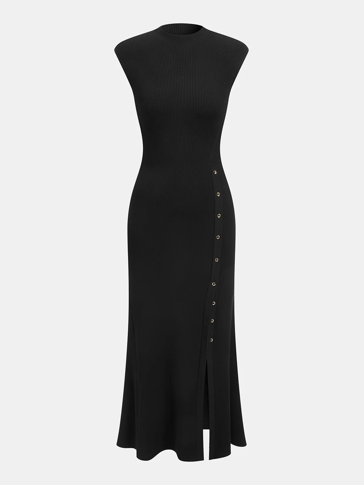 Button Detail Cap Sleeve Rib Knit Maxi Dress | Commense