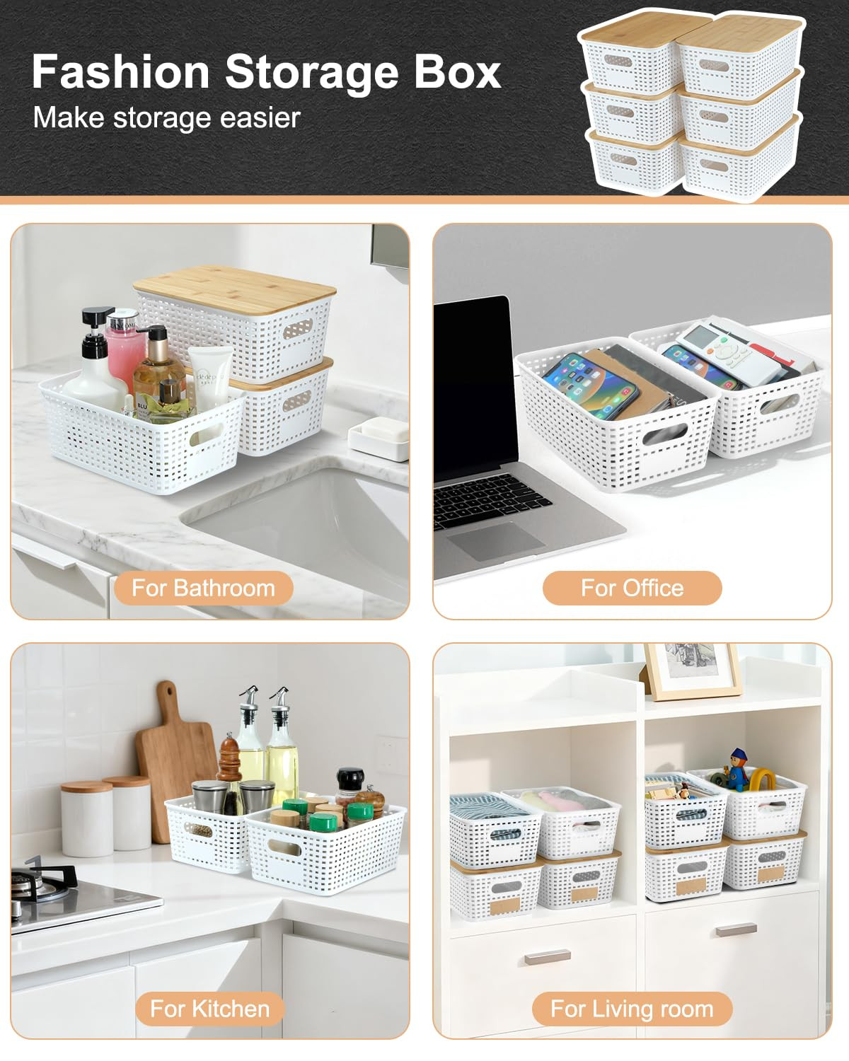 Plastic Storage Baskets with Bamboo Lids for Pantry Organization and Storage Containers Bins for ... | Amazon (US)