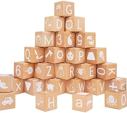 AXEARTE Alphabet Letters Stacking Blocks, 26 Wooden ABC Building Blocks for Toddlers, Number, Ani... | Amazon (US)