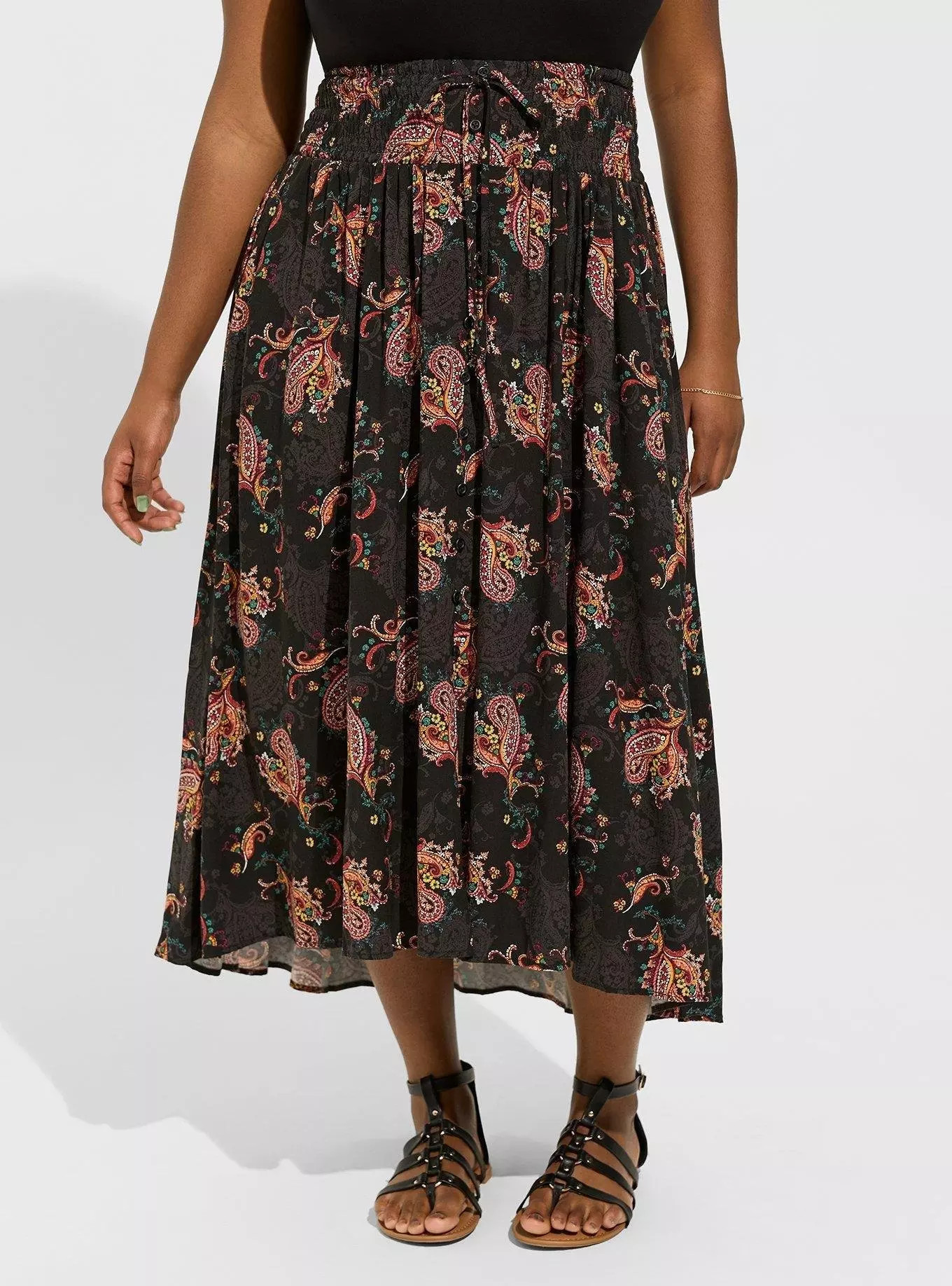 Maxi Challis Smocked Waist Button Skirt | Torrid (US & Canada)