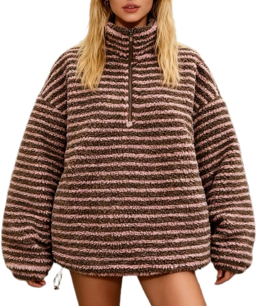 Mxiqqpltky Y2K Fleece Sweatshirt for Women Trendy Half Zip Long Sleeve Striped Sherpa Jacket Warm... | Amazon (US)