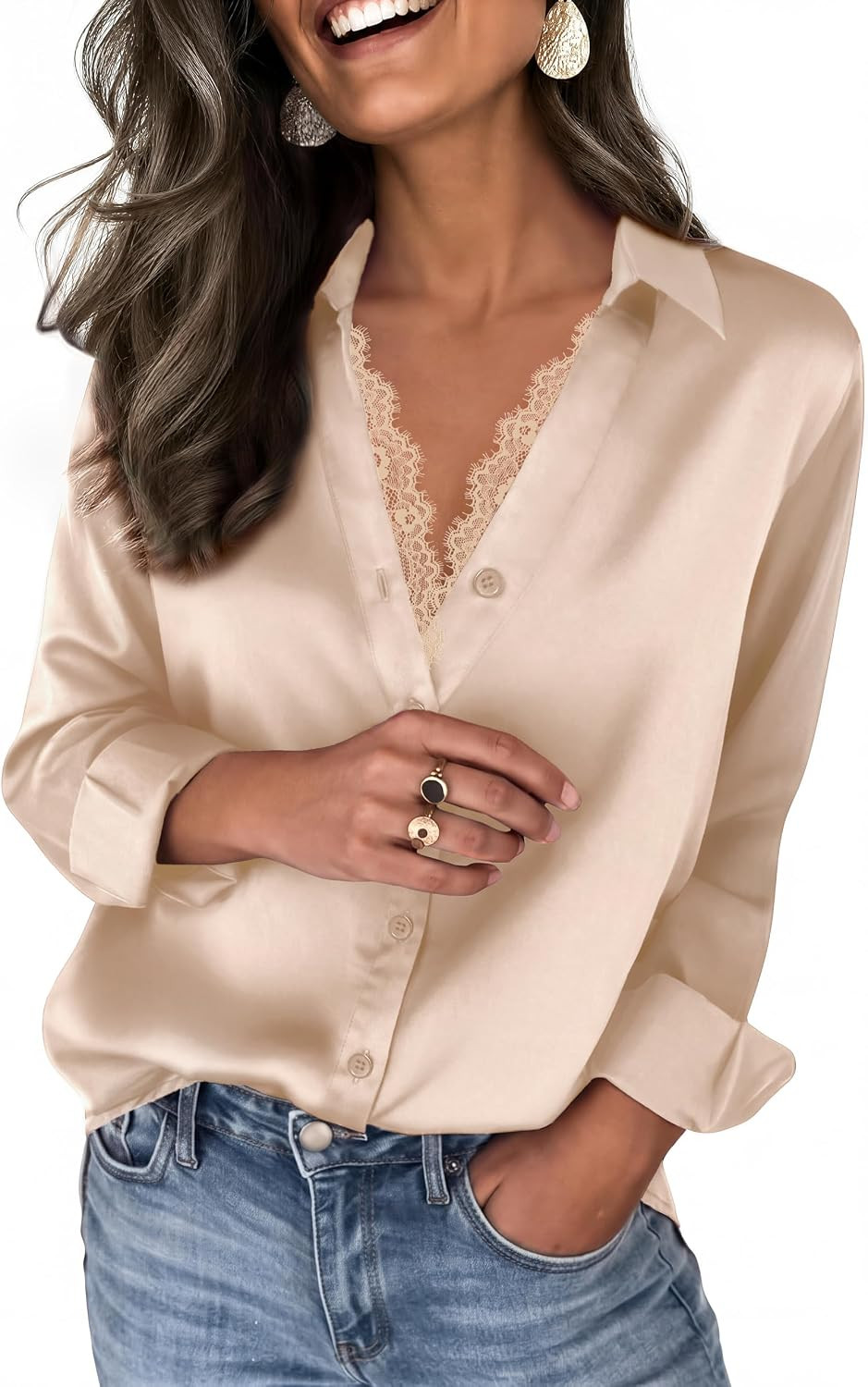 Women Satin Blouses Lace Silk Button Down Shirts Long Sleeve Tops | Amazon (US)