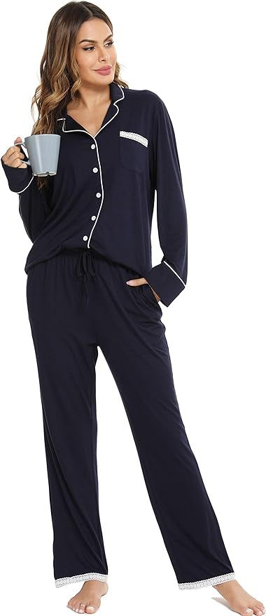 Vlazom Pyjamas Set for Women, Soft Two Pieces Pjs Sets Long Sleeve Button Down Tops and Pants Sle... | Amazon (UK)