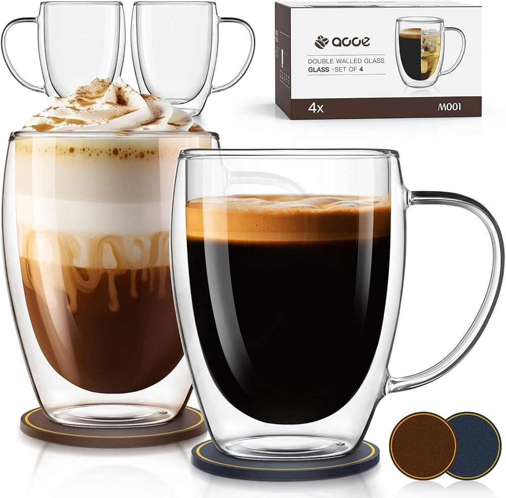 Double Wall Glass Goffee Mugs 12.5oz，Clear Glass Coffee Mugs Set of 4， Insulated Glass Coffee... | Amazon (US)