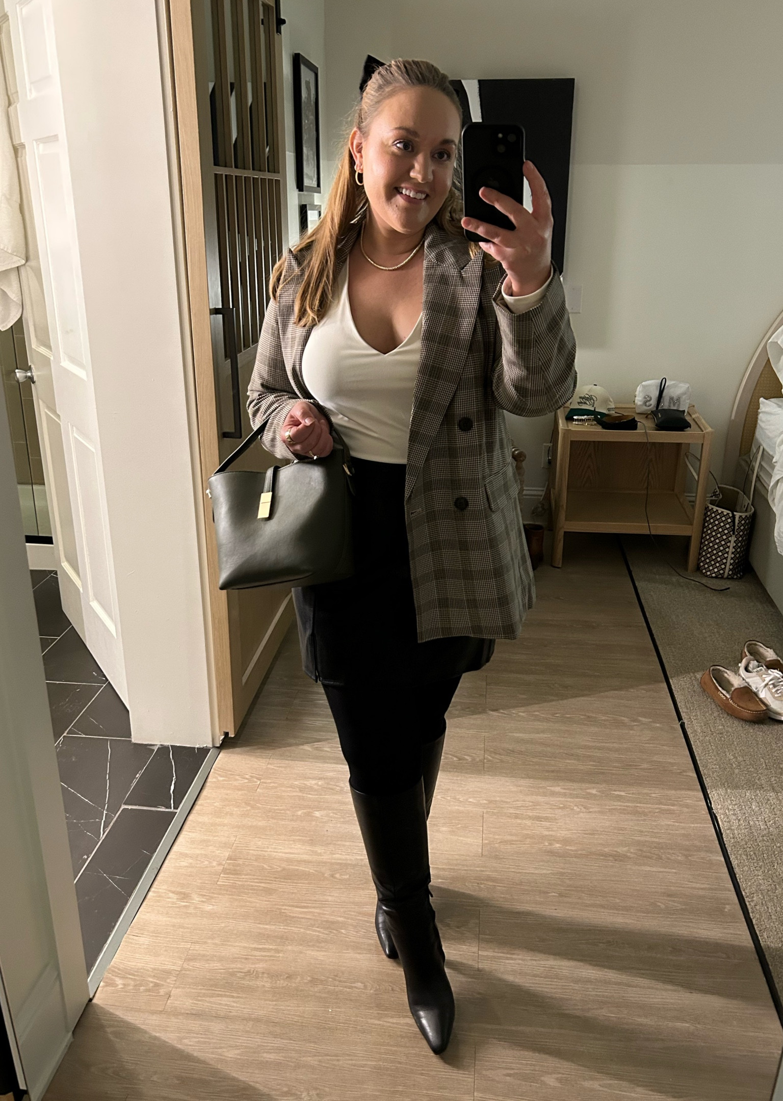 Tall black boots, under the knee boots, knee boots, stockings, black tights, leather boots, black boots, olive handbag, tote bag, fall handbag, winter bag, plaid blazer, leather skirt, black skirt, gold jewelry, gold hoops, Bronx necklace, Bronx bracelet, electric picks, layering shirt, fitted top, long sleeve top, oversized blazer

#LTKTravel #LTKMidsize #LTKShoeCrush