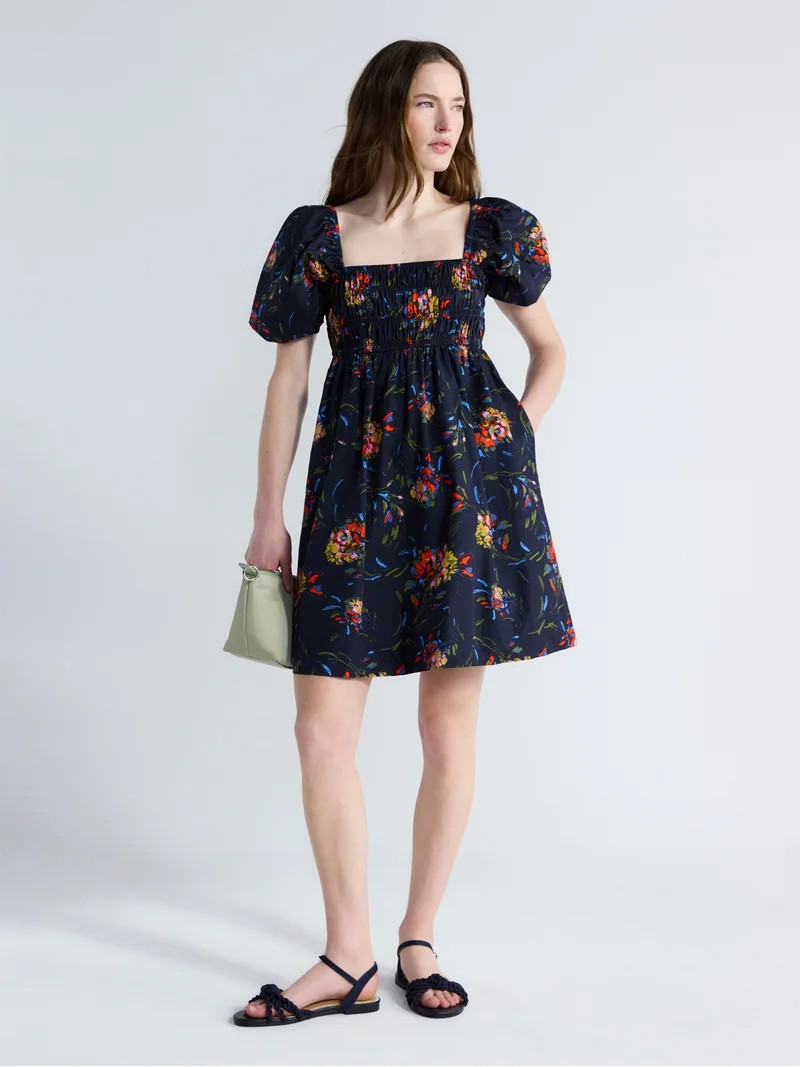 Free Assembly Women's and Women's Plus Smocked Cotton Peasant Mini Dress with Puff Sleeves, Sizes... | Walmart (US)