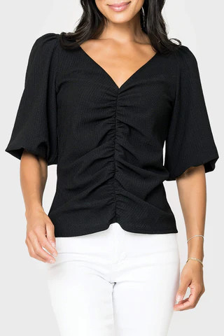 Balloon Sleeved V-Neck Textured Top | Gibson