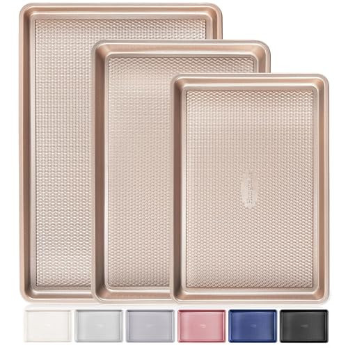 HONGBAKE Baking Sheet Pan Set of 3, Cookie Sheets for Oven, Nonstick Half/Quarter/Jelly Roll Pans with Diamond Texture Pattern, 0.8mm Thick Heavy Duty Cookie Tray, Champagne Gold | Amazon (US)