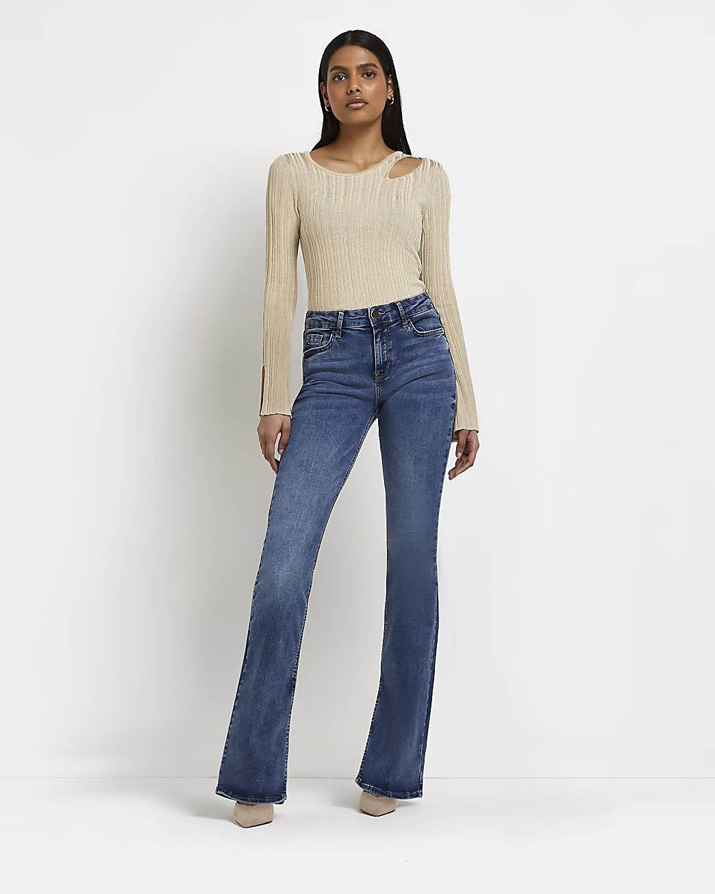 Blue mid rise flared jeans | River Island (UK & IE)