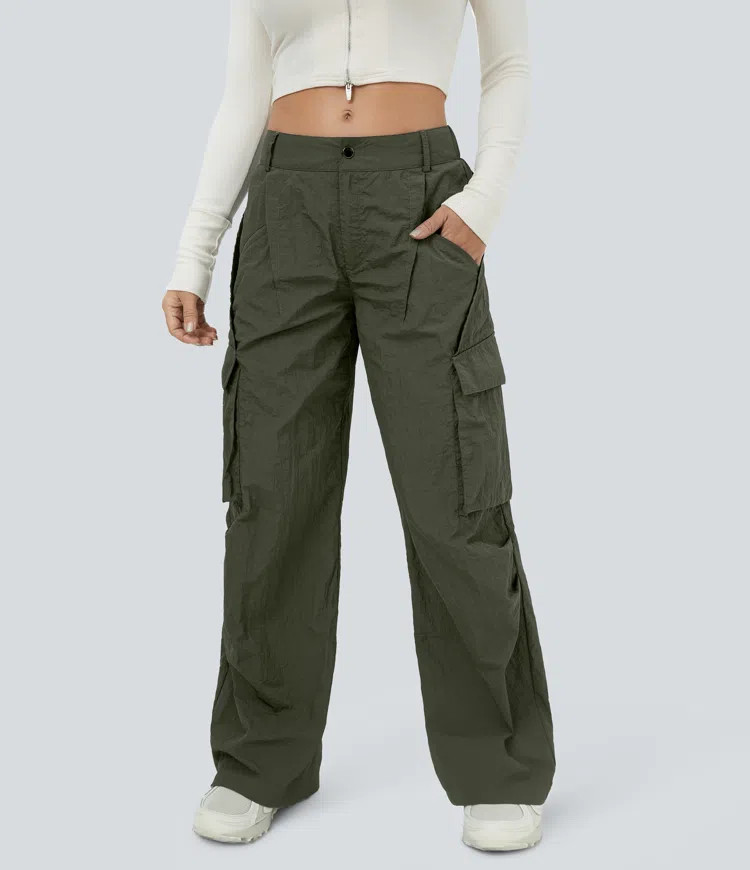 Women’s Mid Rise Button Zipper Side Pocket Wide Leg Casual Cargo Pants - Halara | HALARA
