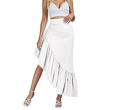 Umenlele Women's Ruched Ruffle High Low Asymmetrical Hem High Waist Midi Skirt | Amazon (US)