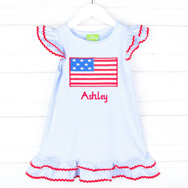Flag Applique Light Blue Stripe Ruffle Dress | Classic Whimsy