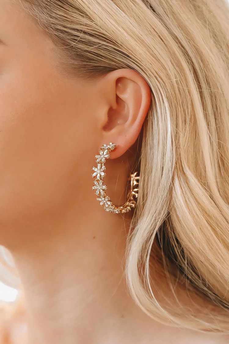 Florals Forever Gold Rhinestone Hoop Earrings | Lulus