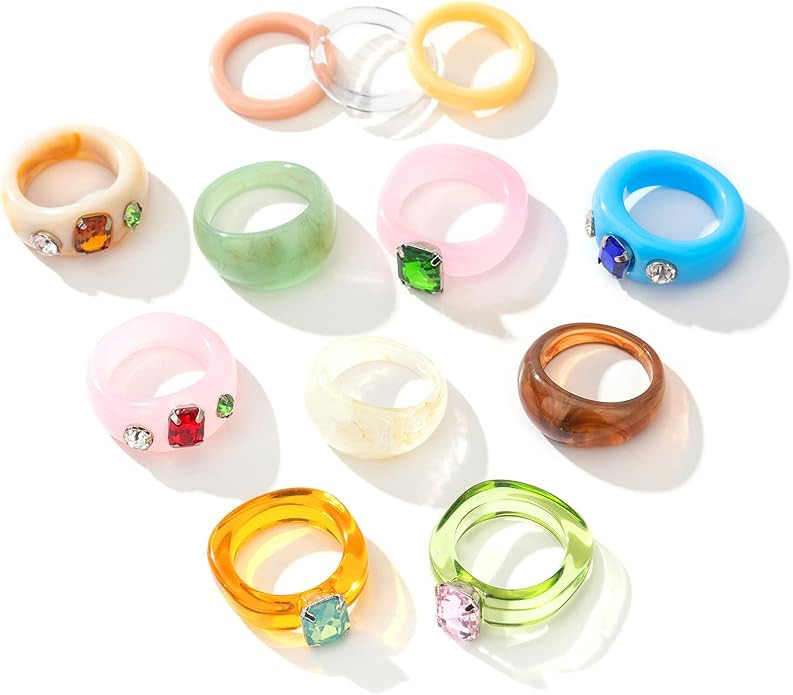 MOROTOLE 12Pcs Resin Rings Colorful Acrylic Rings for Women Resin Diamond Finger Rings Set Chunky... | Amazon (US)