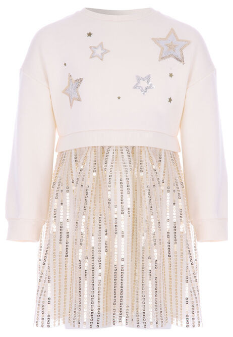 Younger Girls Cream Star Sequin Dress | Peacocks