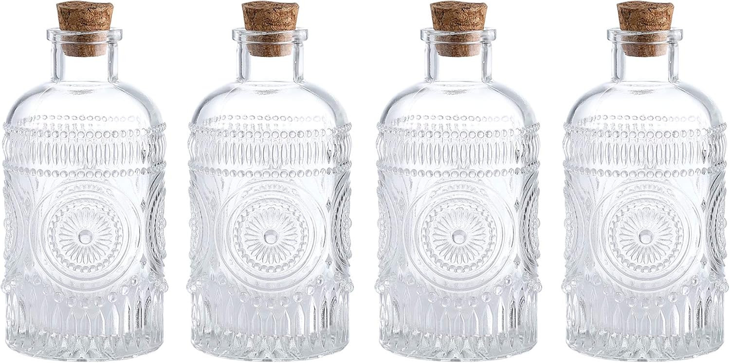 Vintage Design Embossed Clear Glass Bottles,Glass Flower Bud Vase with Cork Lid Set of 4 | Amazon (US)