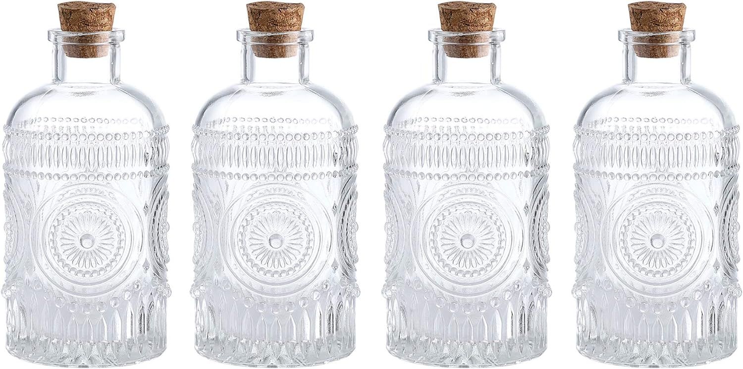 Vintage Design Embossed Clear Glass Bottles,Glass Flower Bud Vase with Cork Lid Set of 4 | Amazon (US)