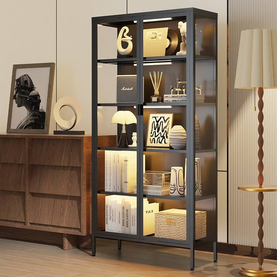 71" H Display Cabinet with Glass Doors, 5 Tiers Curio Glass Display Cabinet with 3 Colors LED Sen... | Amazon (US)
