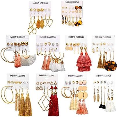 63 Pairs Colorful Earrings with Tassel Earrings Layered Ball Dangle Hoop Stud Jacket Earrings for... | Amazon (US)