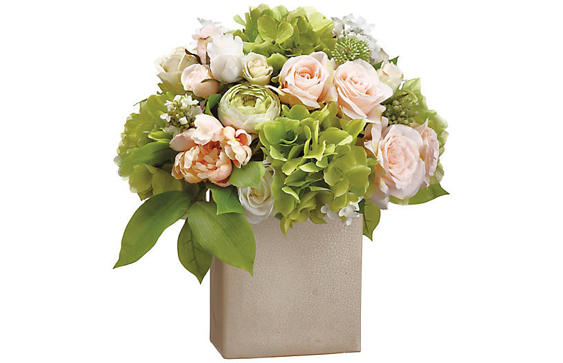 16" Peony & Rose Arrangement with Crackle Vase - Faux | One Kings Lane