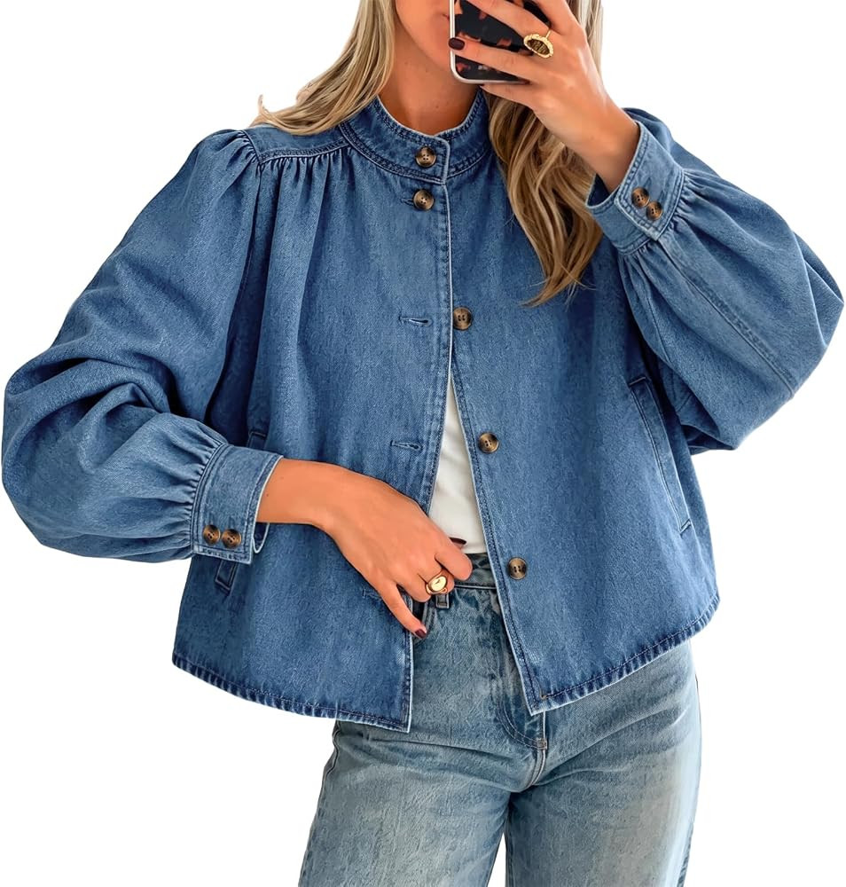 Womens Puff Long Sleeve Jean Jacket Casual Stand Collar Button Down Denim Jackets Loose Fit Tops | Amazon (US)