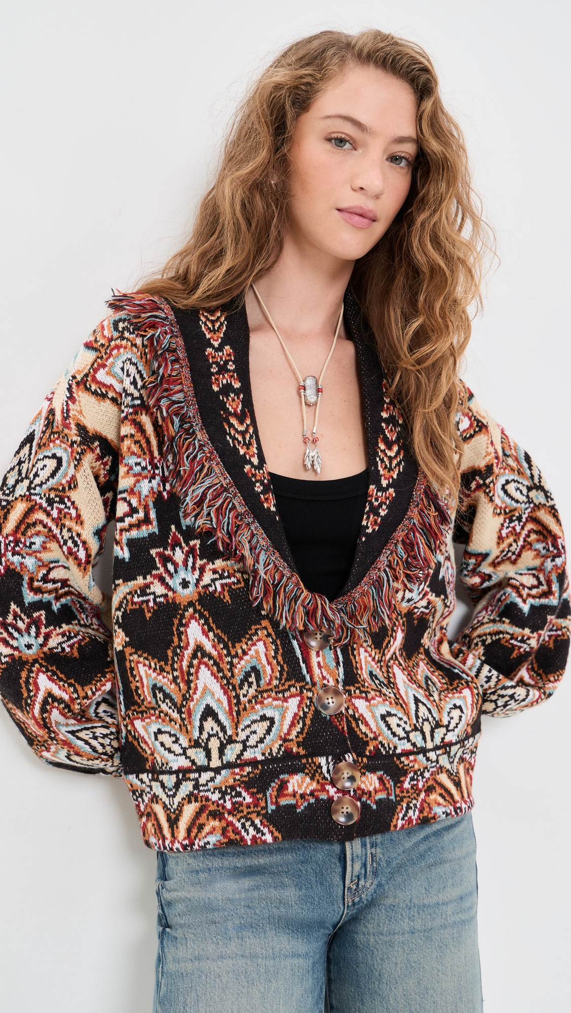 FARM Rio Tapestry Knit Fringe Cardigan Tapestry Dream Cream S | Shopbop