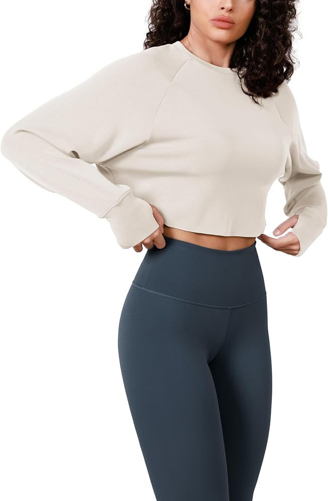 ODODOS Modal Soft Long Sleeve Cropped Sweatshirts with Thumb Hole for Women Crew Neck Pullover Cr... | Amazon (US)
