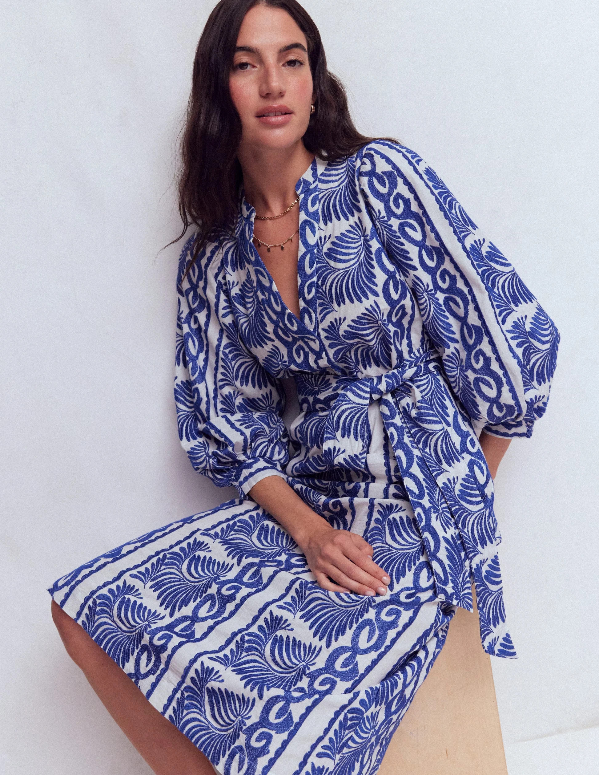 Octavia Cotton Dress-Blue Ivory Embroidery | Boden (US)