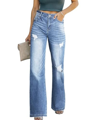 Sidefeel Women's Wide Legs Jeans High Waist Straight Ripped Denim Pants US8 Black Size 18 Sky Blue | Amazon (US)