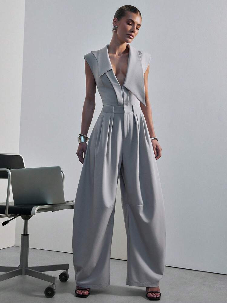 Hauture Women's Modern Asym Collared Jumpsuit With Barrel Leg Sexy Office Wear | SHEIN