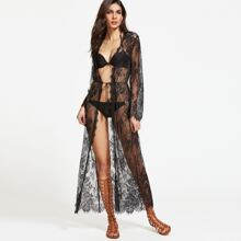 Sheer Drawstring Lace Kimono | SHEIN