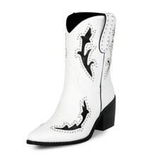 WETKISS Cowgirl Cowboy Western Boots For Women With Block Heel PullOn Tabs And Classic Embroidery Design | SHEIN