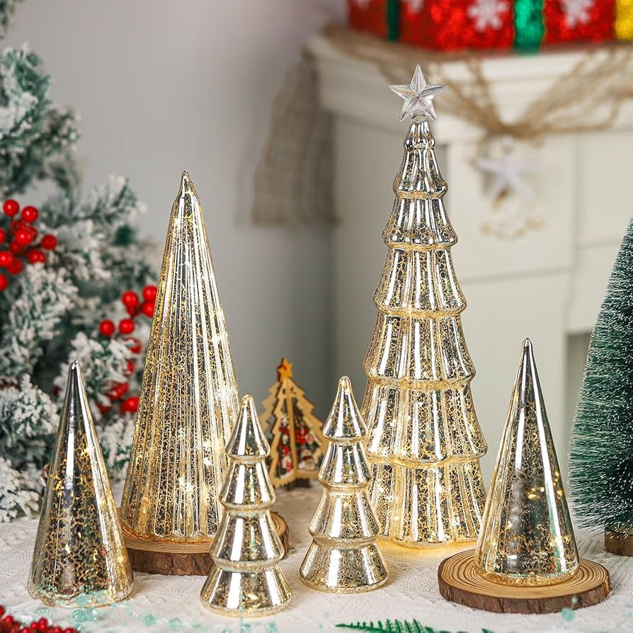 Set of 6 Mercury Glass Christmas Tree with Lights 13.8inch 7.87inch 5.9inch Small Christmas Table... | Amazon (US)