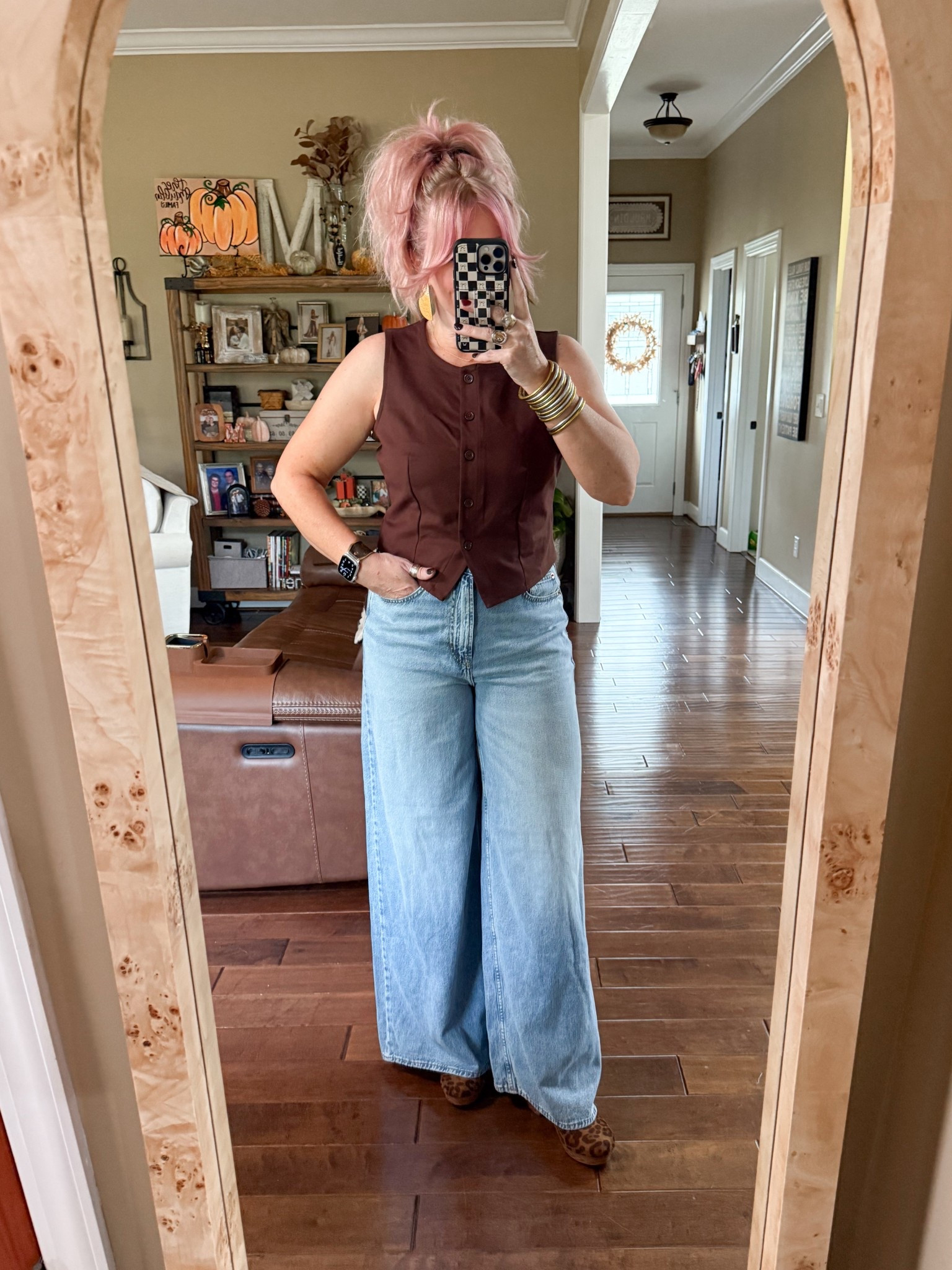 This brown vest is perfect for fall. It also has functional buttons so you can wear it opened. I’m in a medium in it and a size 8 in jeans  

#LTKFindsUnder50 #LTKOver40 #LTKStyleTip