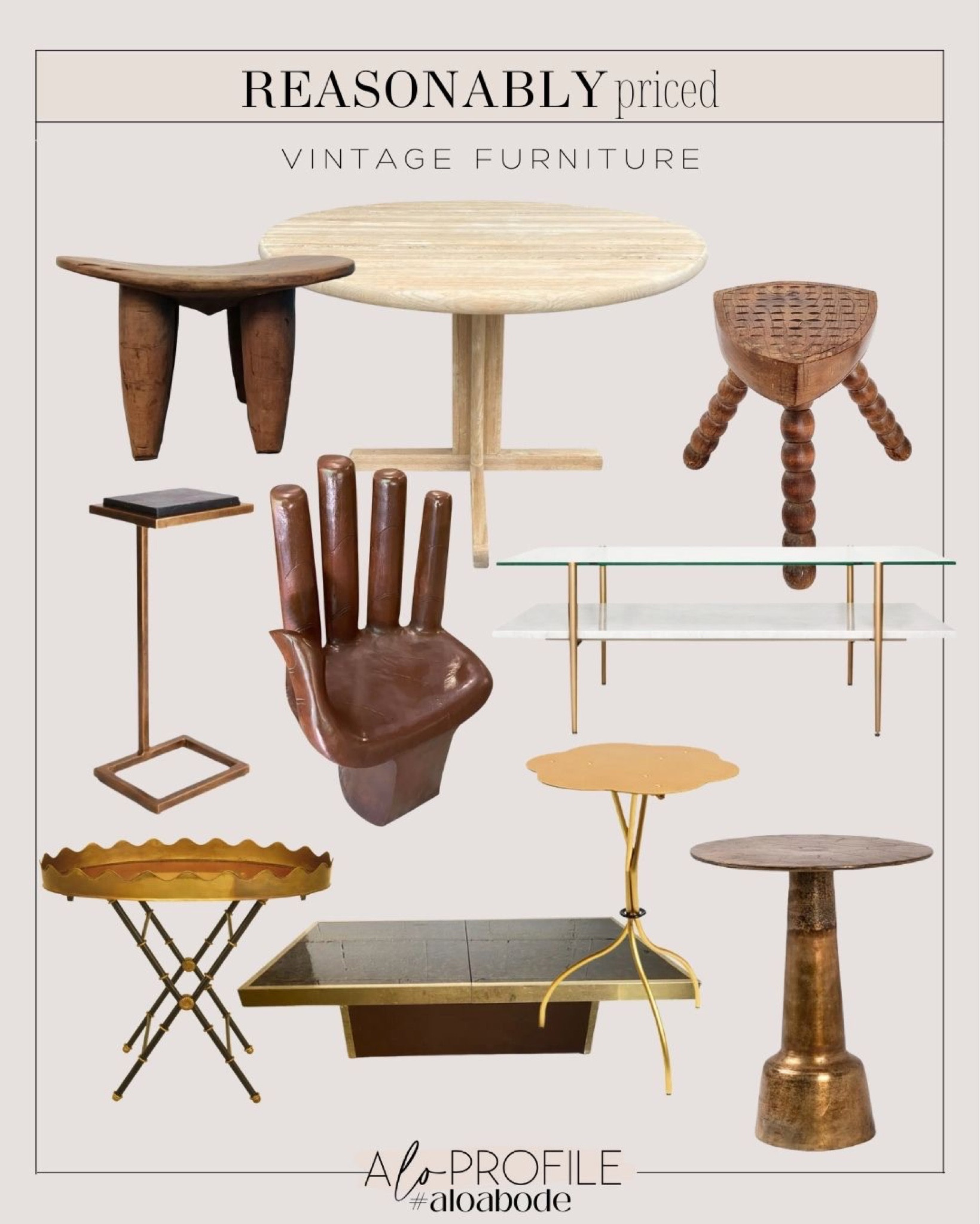 Vintage Furniture // reasonably priced antiques, wooden antiques side table, brass side table, scallop antique tables, antique hand chair, brass and glass antiques, vintage coffee table, vintage travertine dining table, metal accent table, lacquer and brass coffee table, martini table, cherish decor

#LTKhome