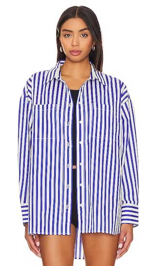 Rena Button Down Tunic Shirt in Cobalt Stripe | Revolve Clothing (Global)