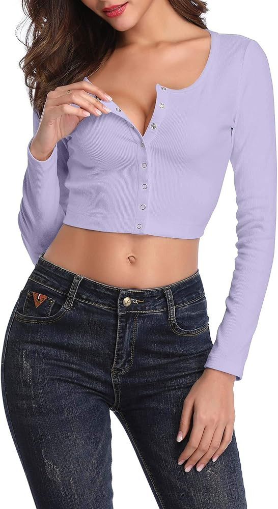 FENSACE Womens Button Down Long Sleeve Crop Top | Amazon (US)