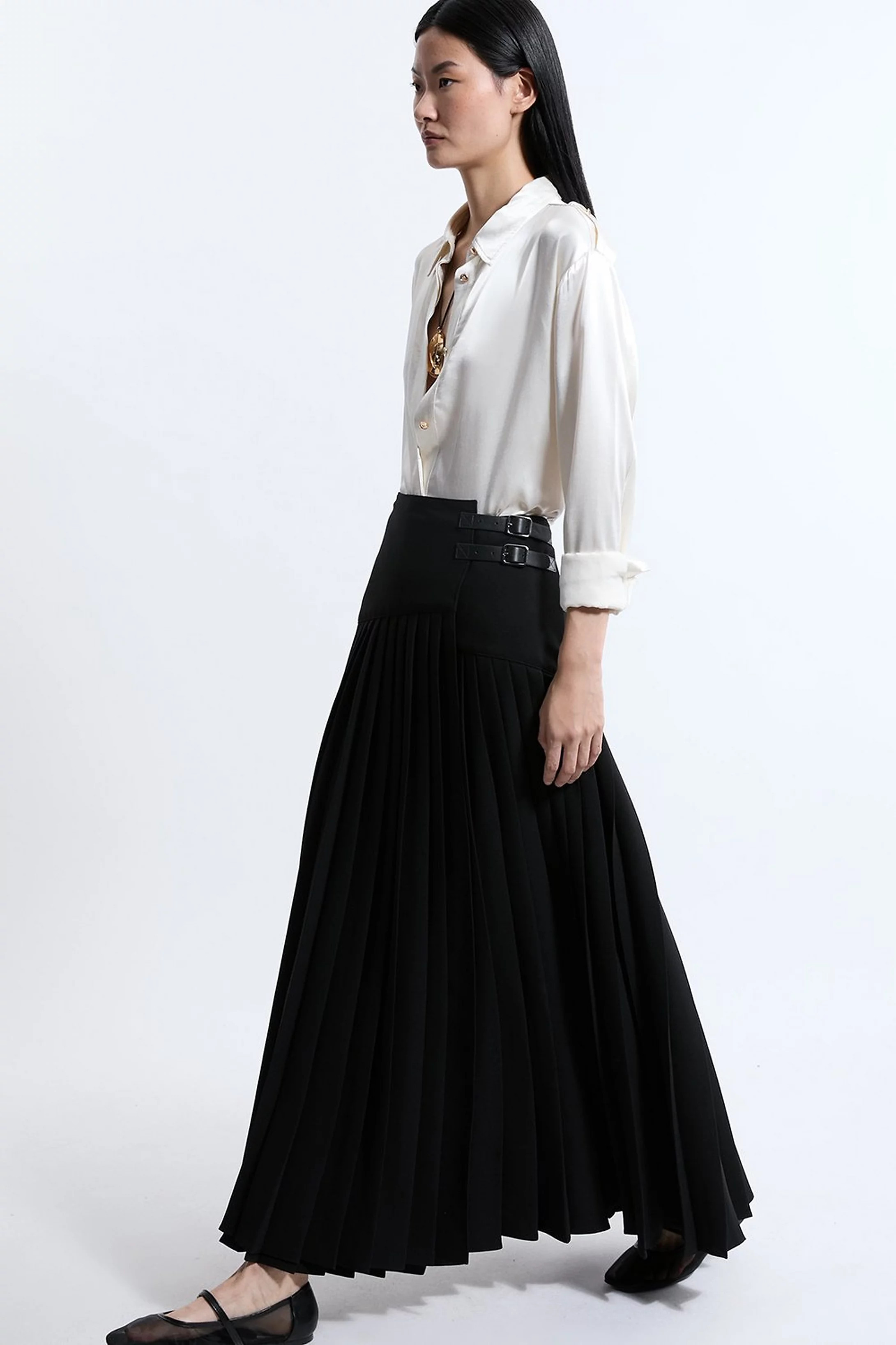 Tailored Crepe Pleated Buckle Detailed Maxi Skirt | Karen Millen UK + IE + DE + NL
