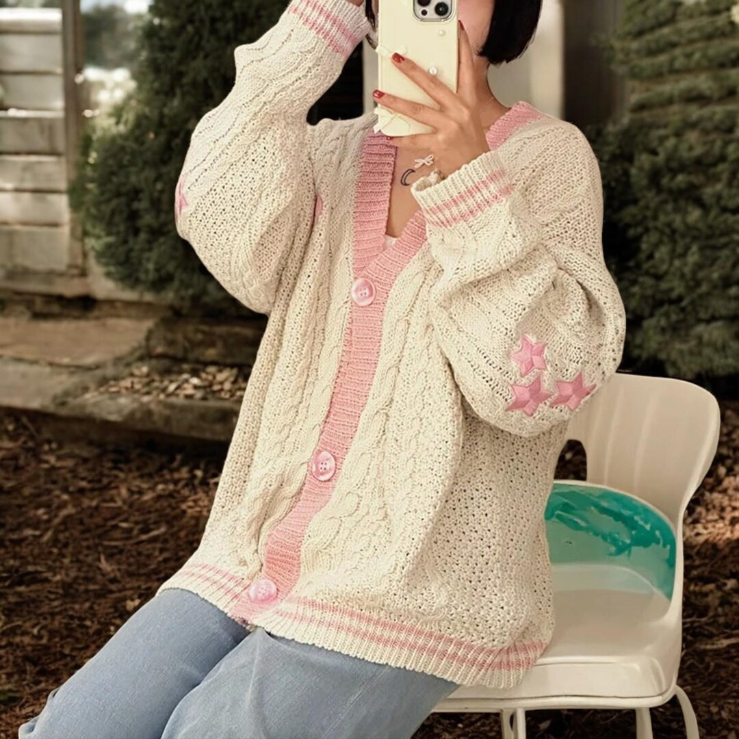Pink and White Debut Folklore Album Cardigan for Women, Butterfly Embroidered Y2K Jumper, Winterc... | Etsy (US)