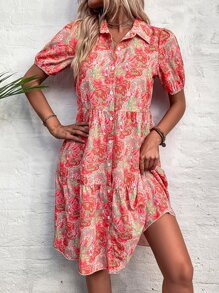 Floral Button Front Puff Sleeve Ruffle Hem Dress | SHEIN