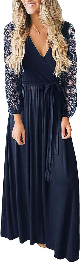 Womens Vintage Floral Lace Long Sleeve Faux Wrap V Neck Party Long Maxi Dress | Amazon (US)