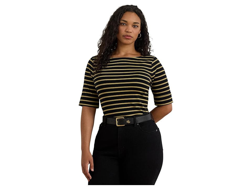 Lauren Ralph Lauren Plus Size Metallic Striped Boatneck T-Shirts Women's Clothing Black/Gold Metallic : 2X, Cotton/Elastane/Nylon | Zappos