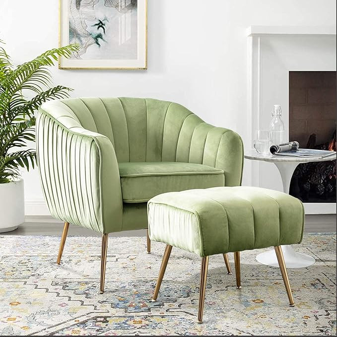 Altrobene Velvet Accent Chair with Ottoman, Modern Tub Arm Chair Footstool Set for Living Room Be... | Amazon (US)