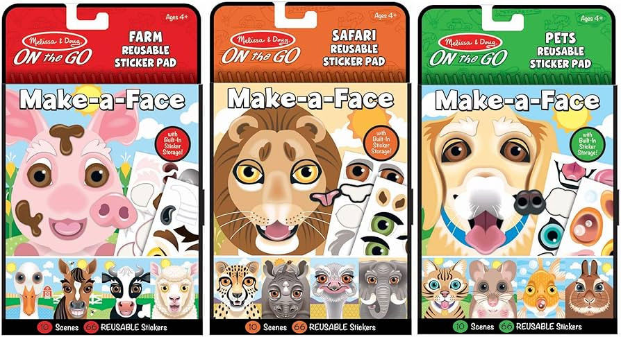 Melissa & Doug Make-a-Face Reusable Sticker Pad Animals 3-Pack (Safari, Farm, Pets) - Toddler Tra... | Amazon (US)
