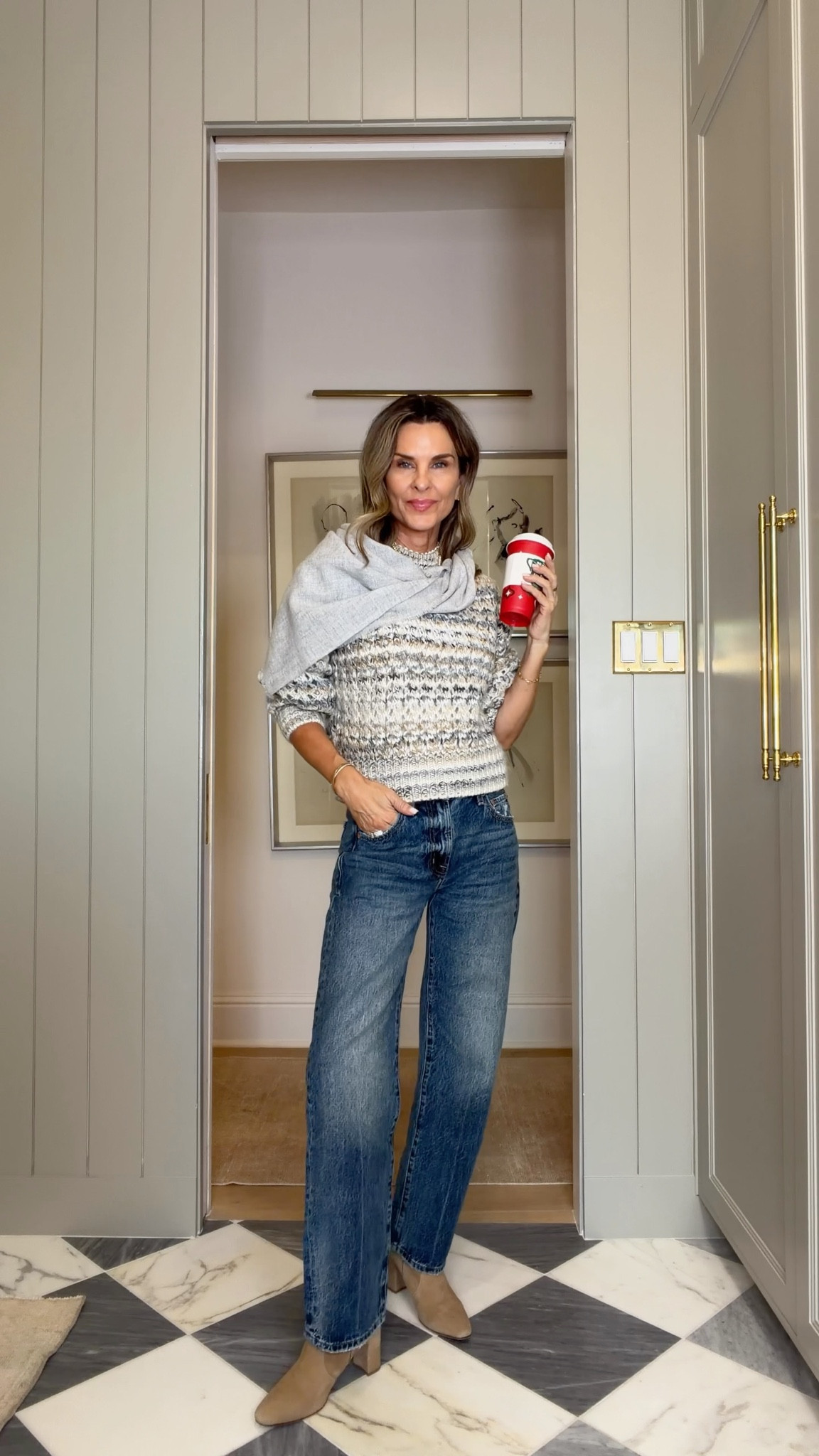 -Jeans with the perfect slight bowl leg. Also available in petite! TTS DISCOUNT CODE TAMMY15
-chunky sweater with a beautiful neutral color way sz XS
-scalloped shirt under sz S 
-boots-TTS. WITH arch support. Inez discount code Tammy15
-Dorsey James necklace is gorgeous 
-Quince cashmere scarf! $35 selling quickly. 

#LTKootd #LTKgrwm #LTKOver40