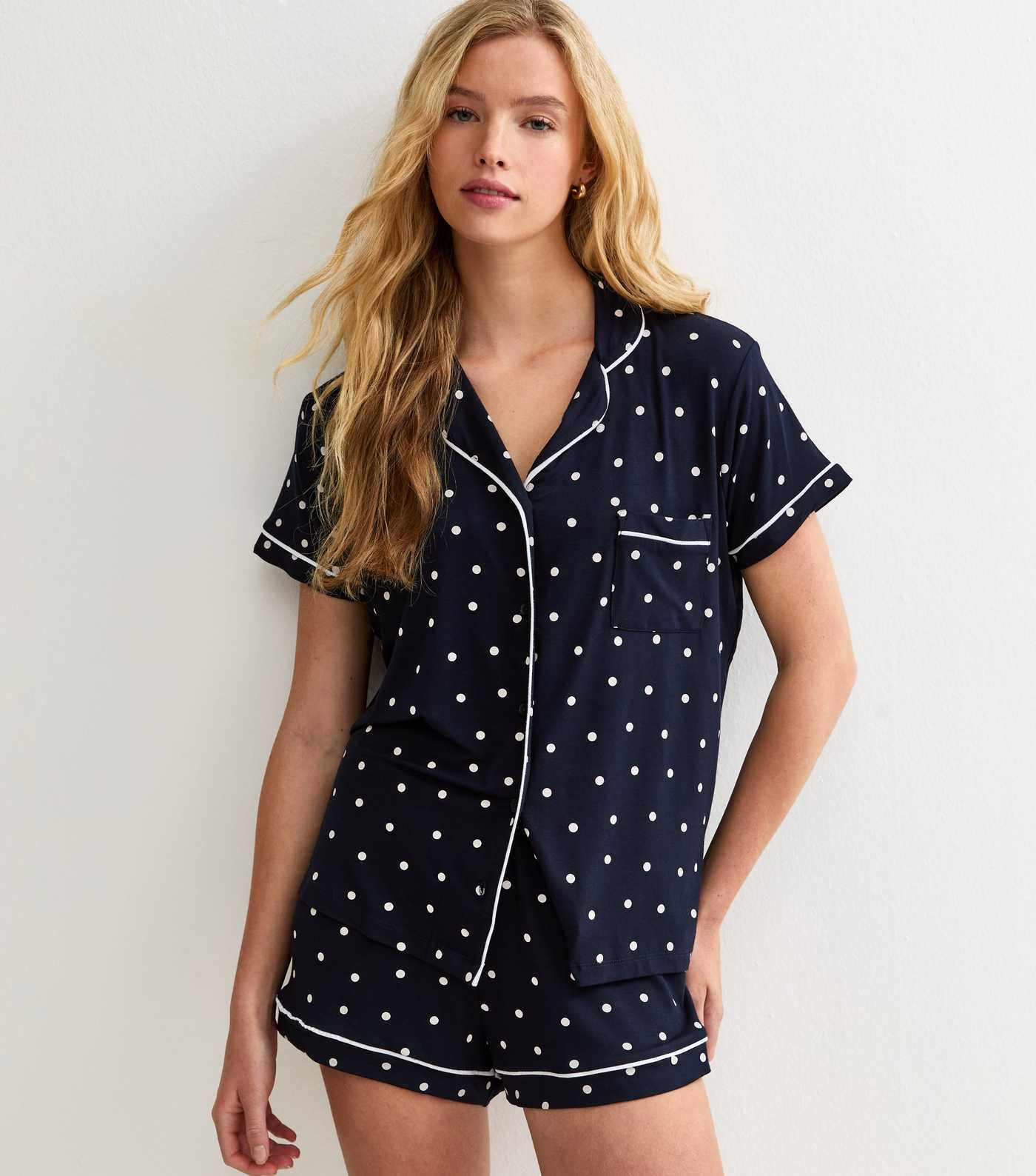 Navy Jersey Polka Dot Shirt and Shorts Pyjama Set | New Look | New Look (UK)
