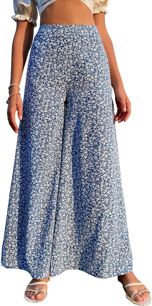 Floerns Women's Floral Print High Waist Beach Wide Leg Palazzo Pants | Amazon (US)