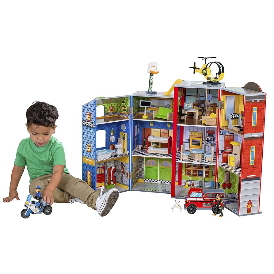 KidKraft Everyday Heroes Wooden Playset, 3-Story with 26-Piece Accessories, Foldable for Storage | Amazon (US)
